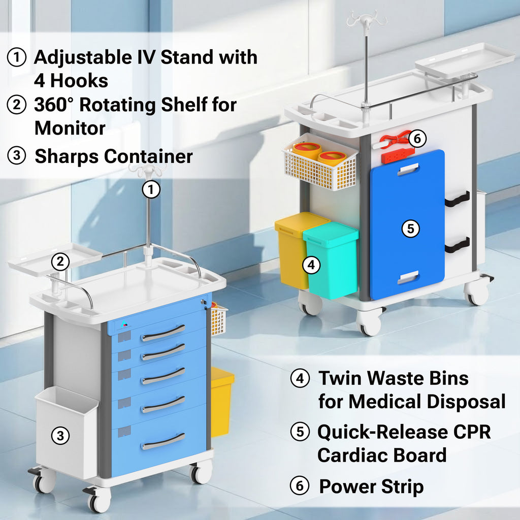 Avicenna Innovations Product: Avicenna Innovations Medical Crash Cart with 5 Locking Drawers, IV Pole, CPR Board, Defib Shelf &amp; Power Strip