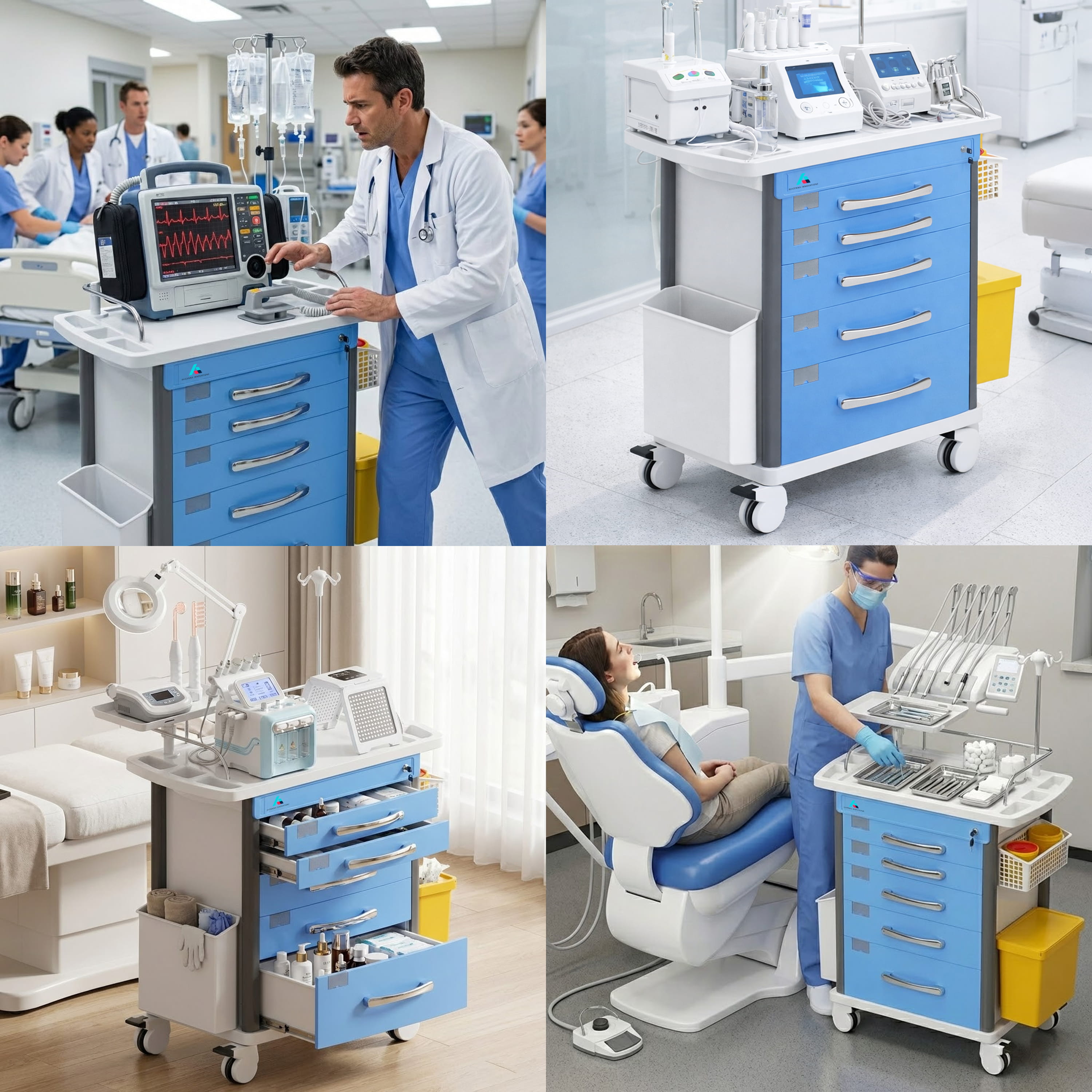 Avicenna Innovations Product: Avicenna Innovations Medical Crash Cart with 5 Locking Drawers, IV Pole, CPR Board, Defib Shelf &amp; Power Strip