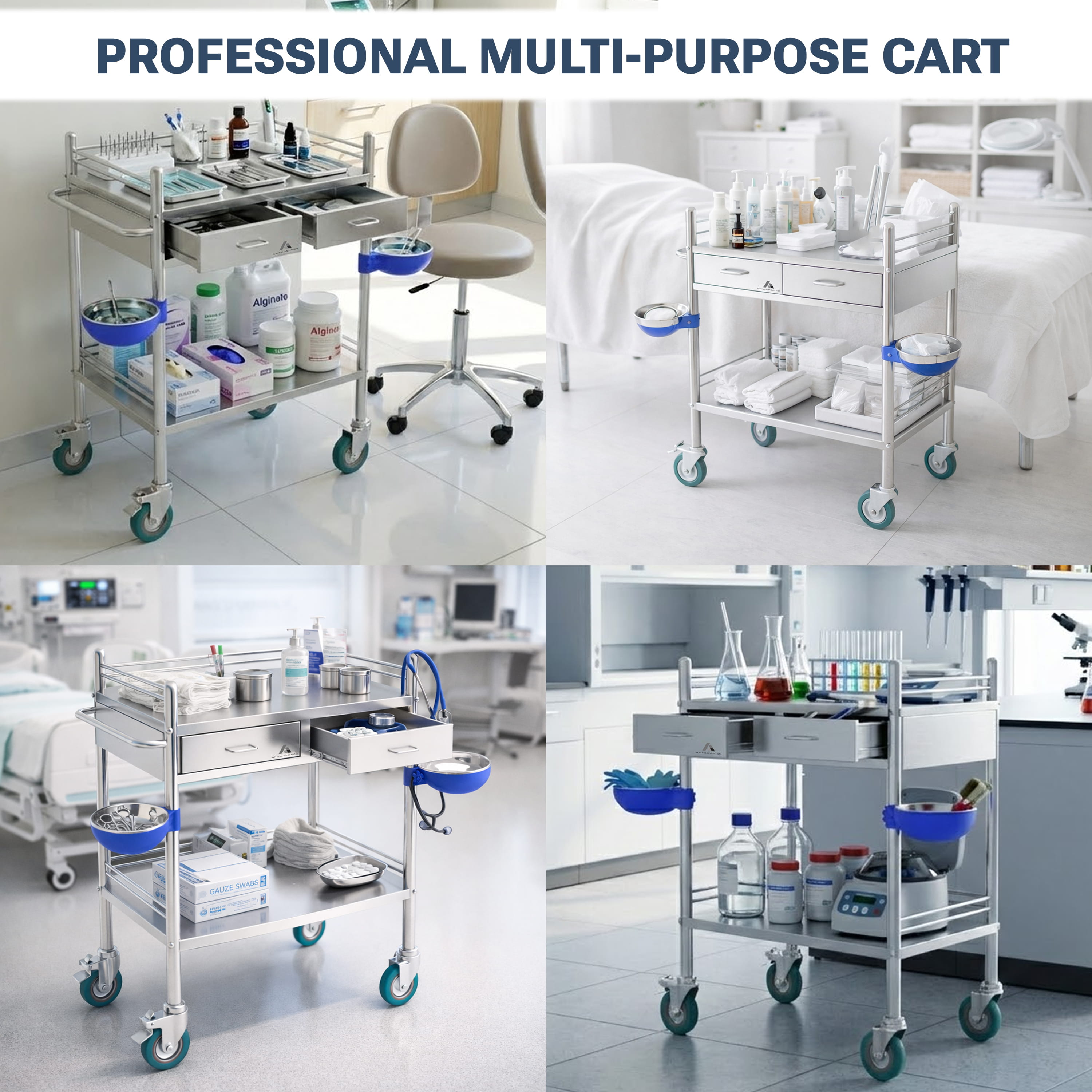 Avicenna Innovations Product: Avicenna Innovations Medical Stainless Steel 2 Tier Rolling Cart with 2 Drawers