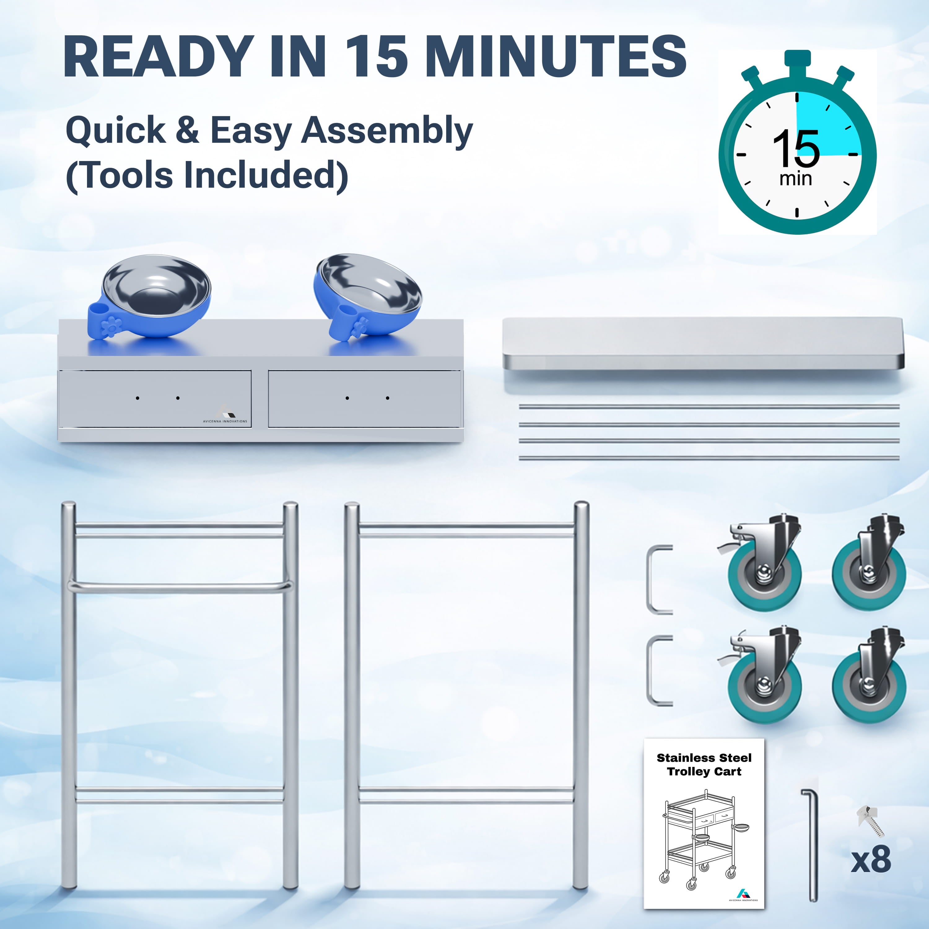 Avicenna Innovations Product: Avicenna Innovations Medical Stainless Steel 2 Tier Rolling Cart with 2 Drawers