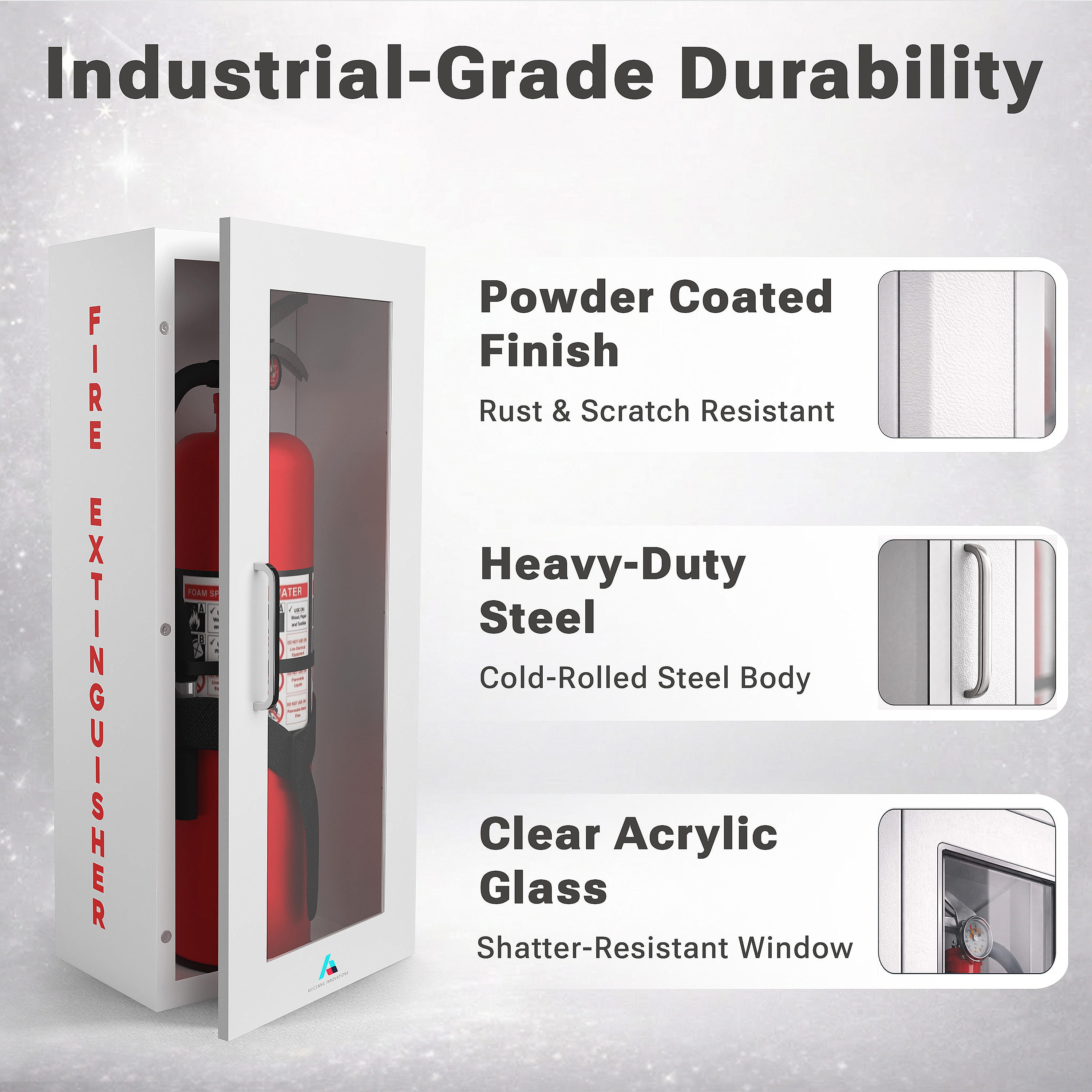 Avicenna innovations Steel Fire Extinguisher Cabinet White with Quick-Access Magnetic Door