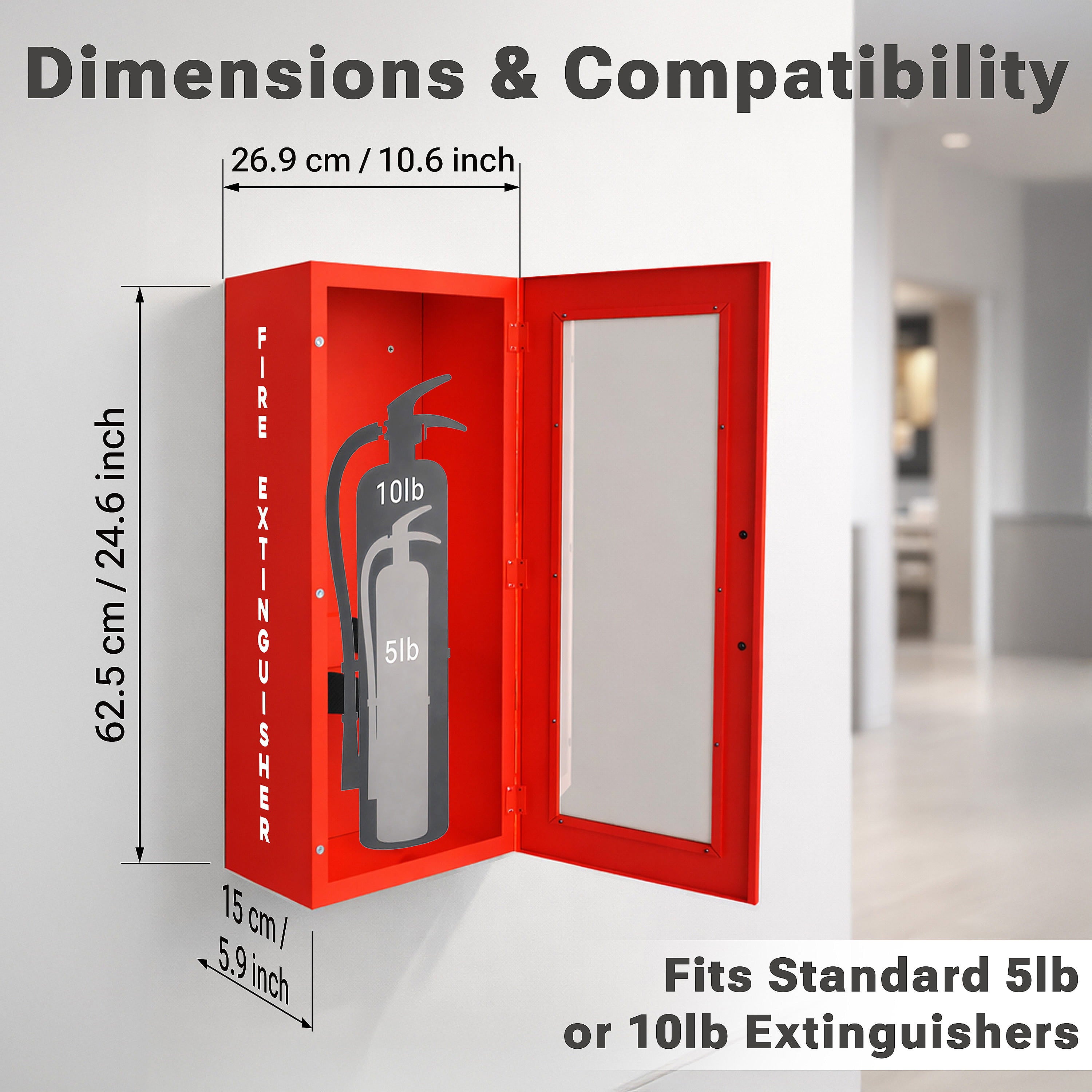 Avicenna innovations Wall Mounted Steel Fire Extinguisher Cabinet Red with Quick-Access Magnetic Door