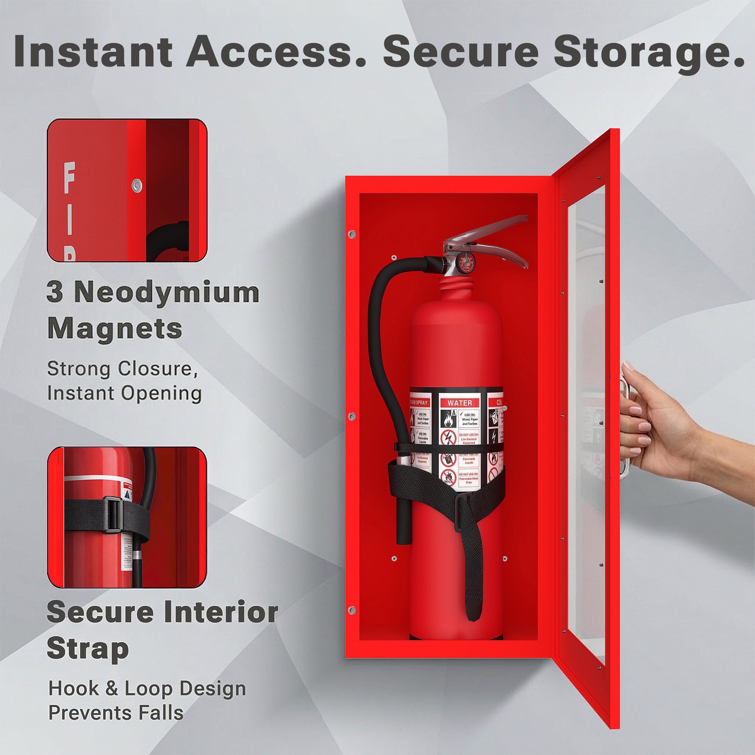 Avicenna innovations Wall Mounted Steel Fire Extinguisher Cabinet Red with Quick-Access Magnetic Door