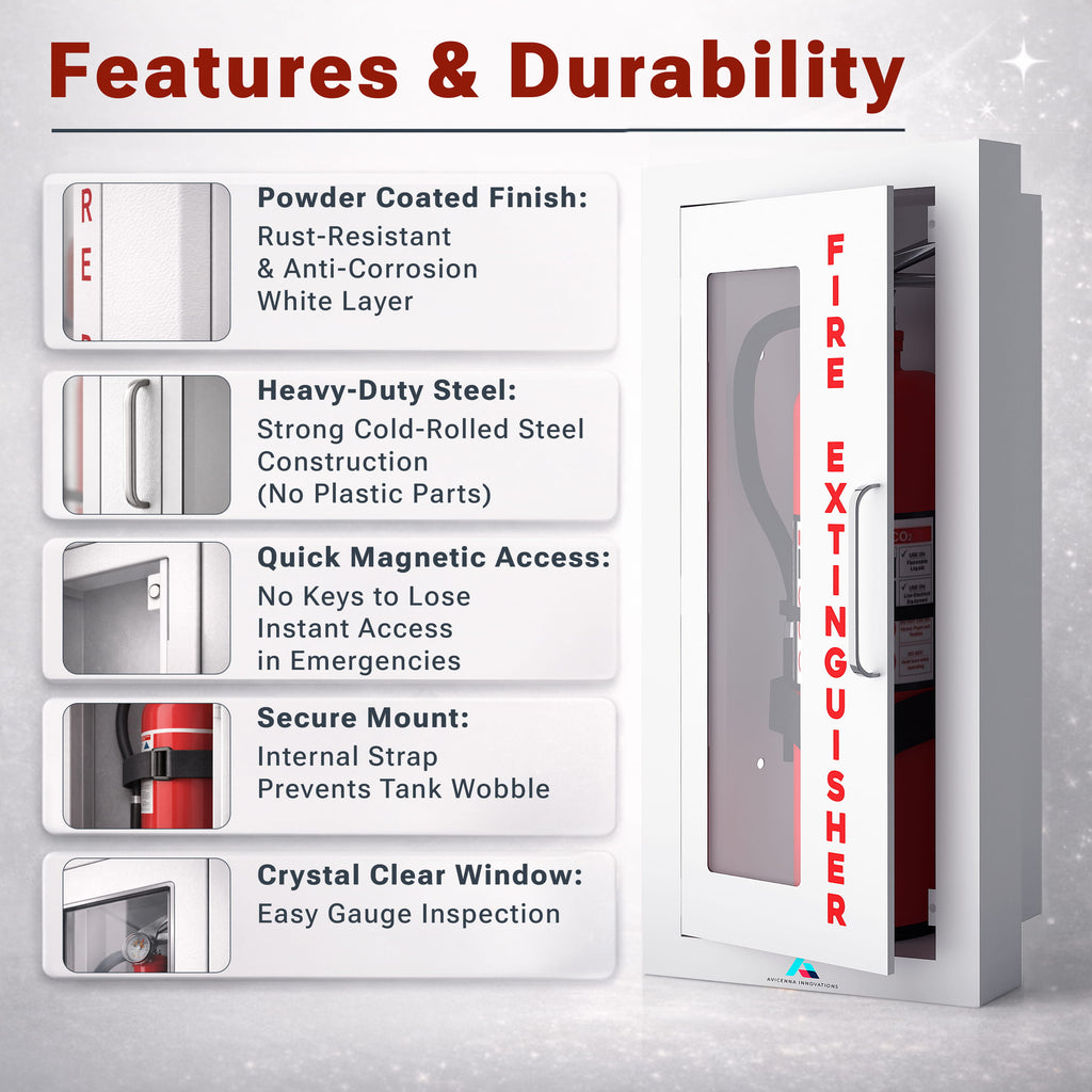 Avicenna Innovations Product: Avicenna Innovations Semi-Recessed Fire Extinguisher Cabinet White with Quick-Access Magnetic Door