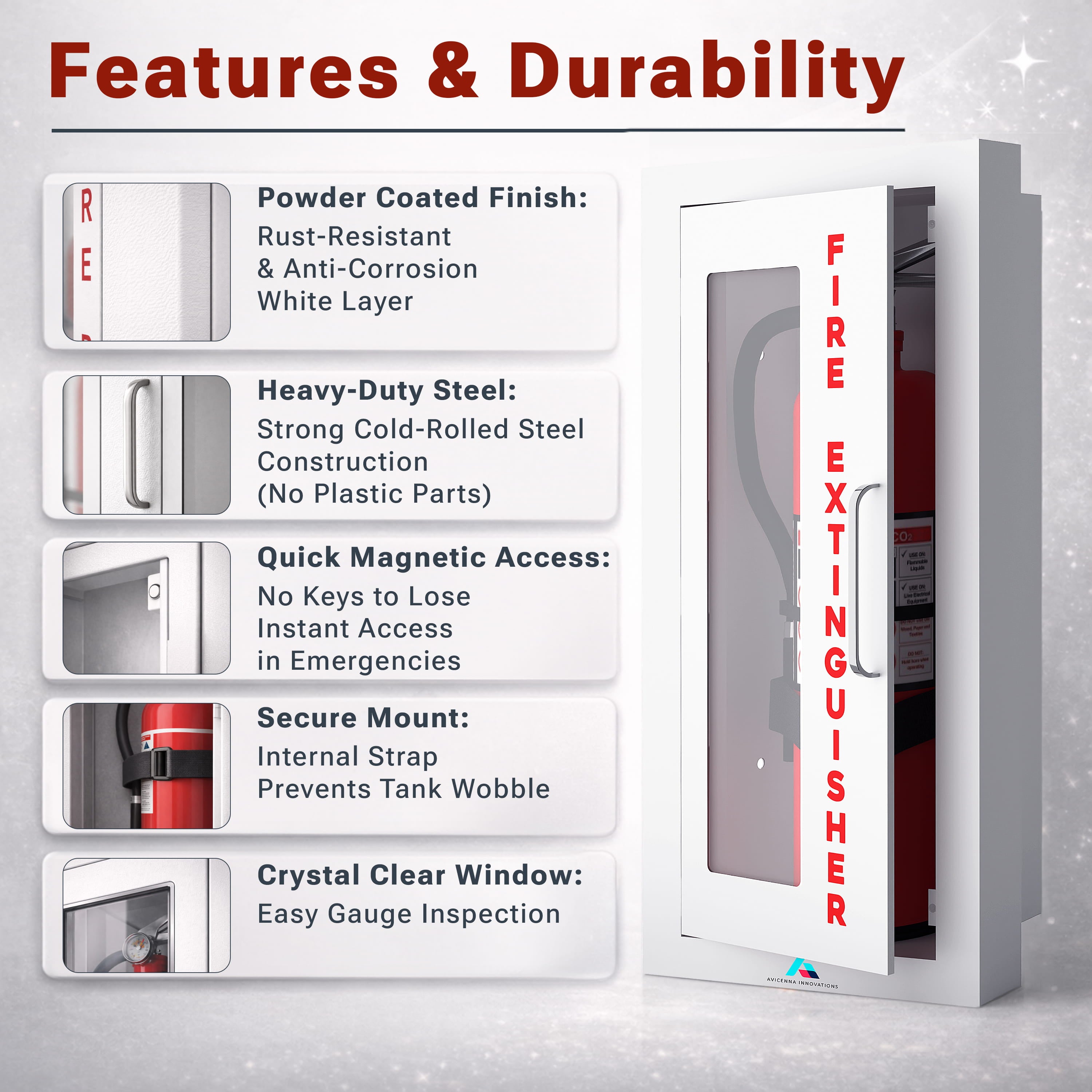 Avicenna Innovations Semi-Recessed Fire Extinguisher Cabinet White with Quick-Access Magnetic Door