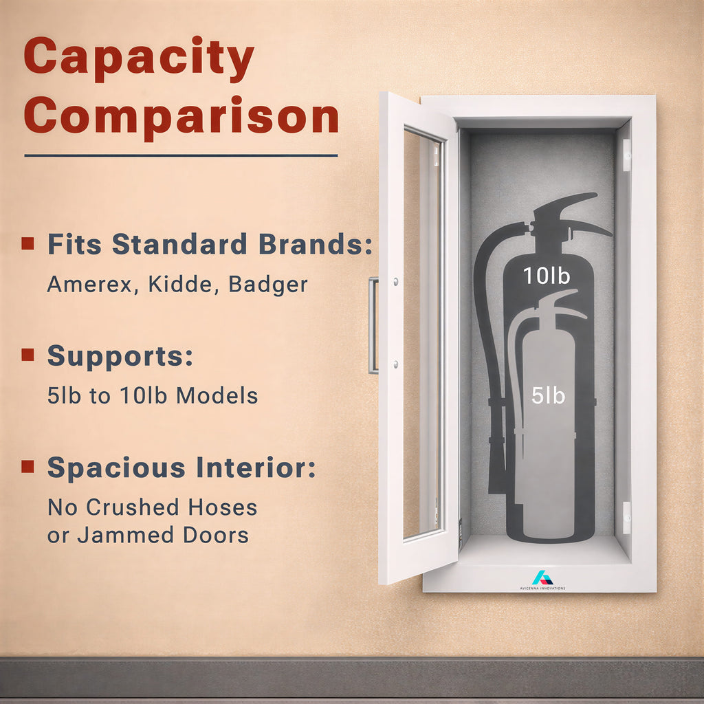 Avicenna Innovations Product: Avicenna Innovations Semi-Recessed Fire Extinguisher Cabinet White with Quick-Access Magnetic Door