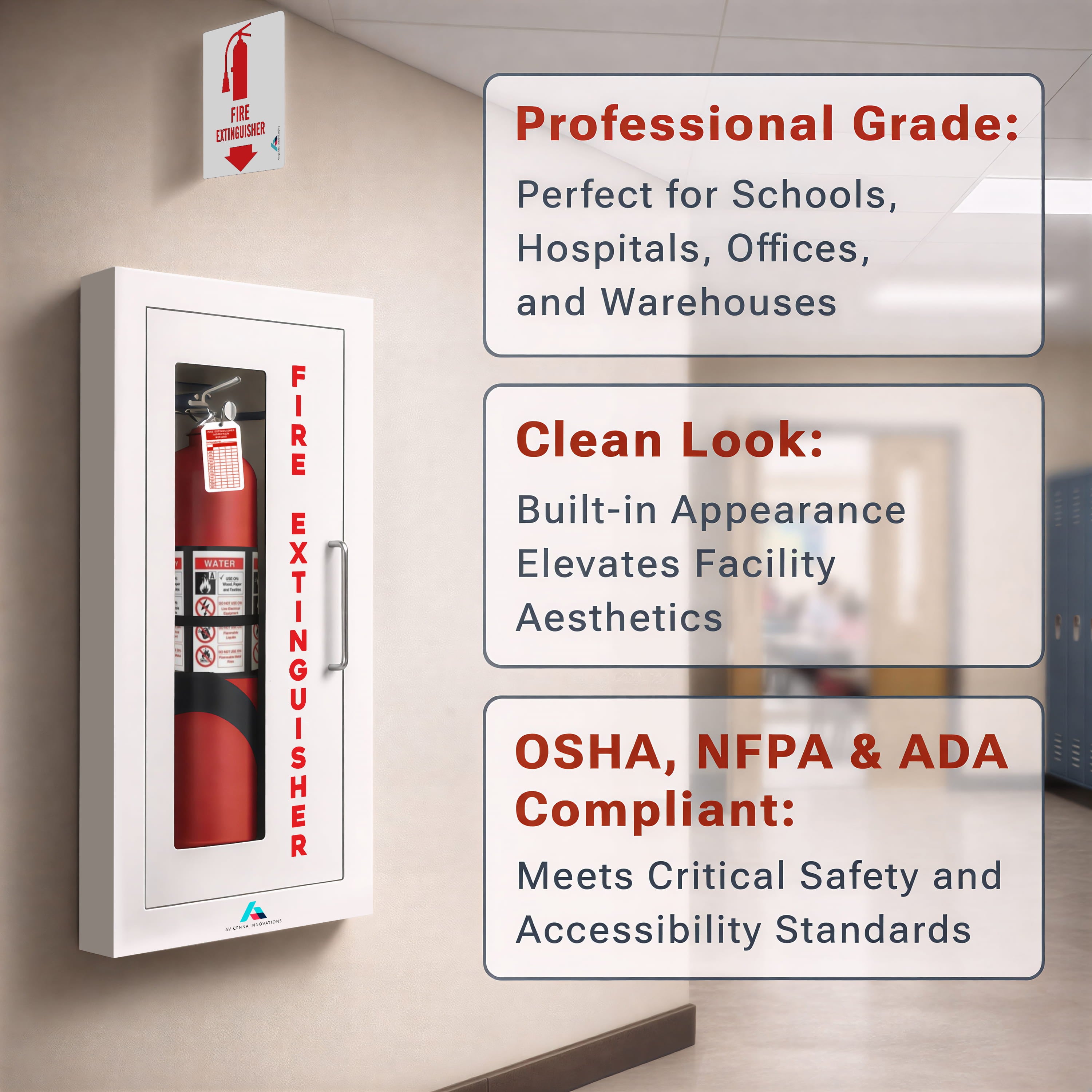 Avicenna Innovations Product: Avicenna Innovations Semi-Recessed Fire Extinguisher Cabinet White with Quick-Access Magnetic Door