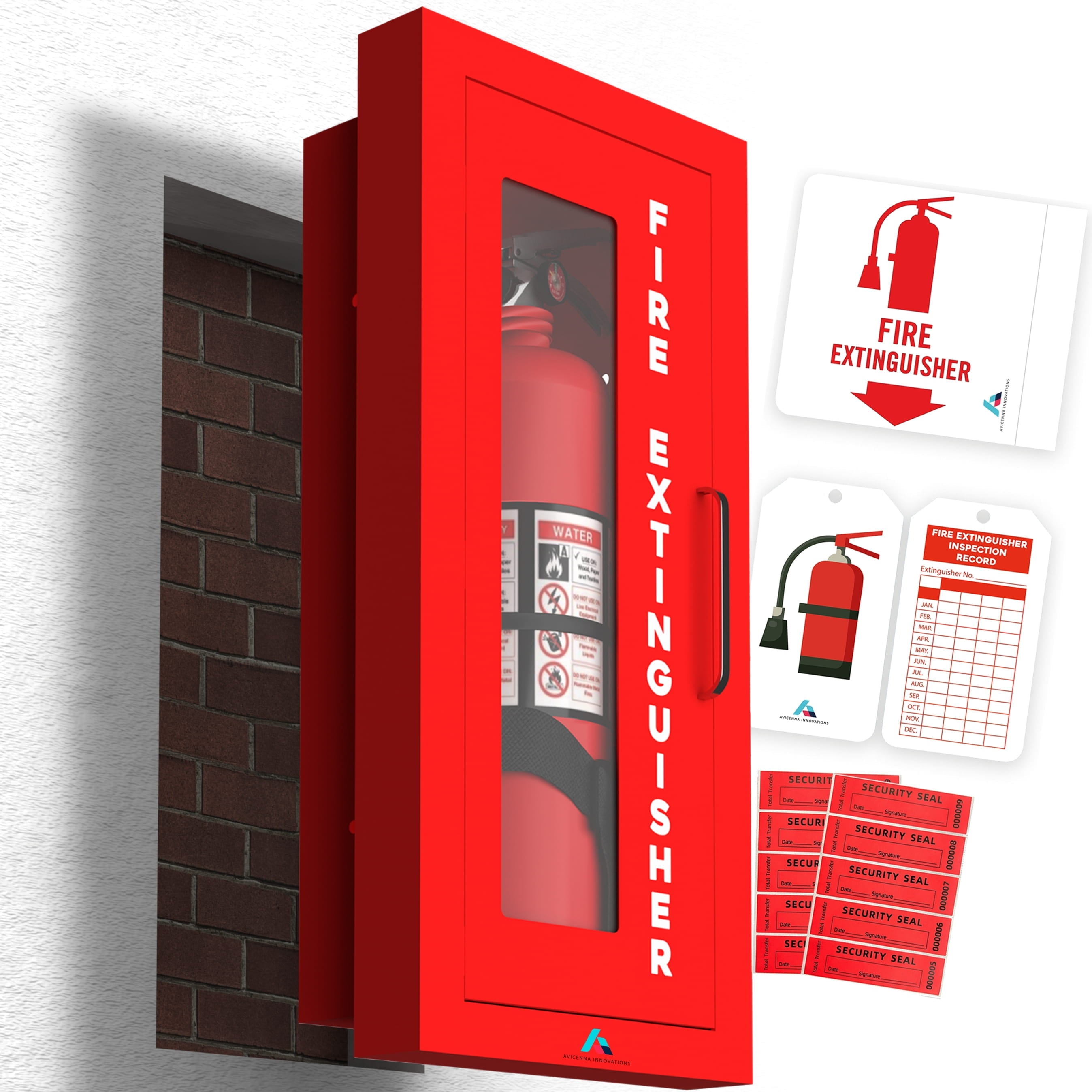 Avicenna Innovations Semi-Recessed Fire Extinguisher Cabinet Red with Quick-Access Magnetic Door