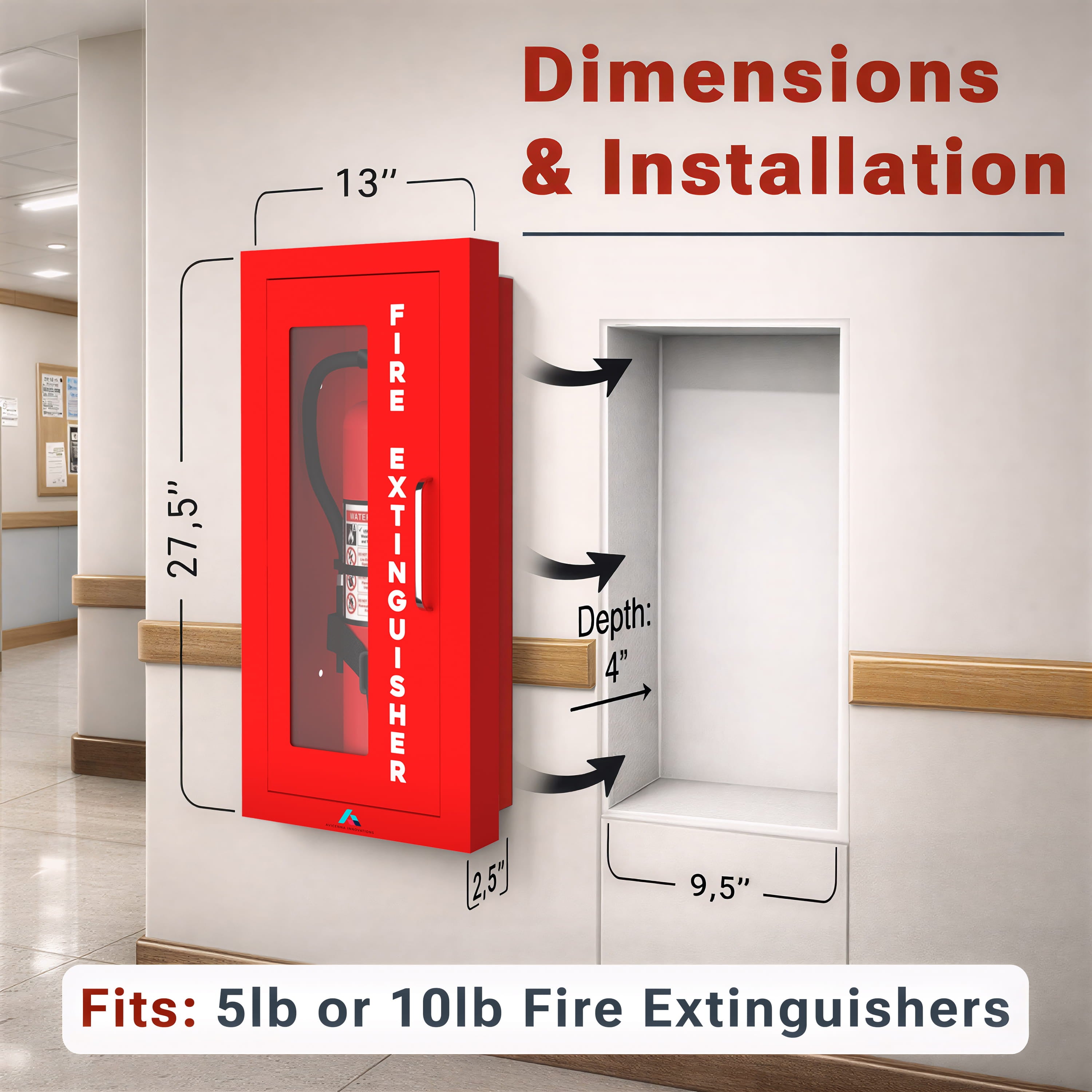 Avicenna Innovations Semi-Recessed Fire Extinguisher Cabinet Red with Quick-Access Magnetic Door