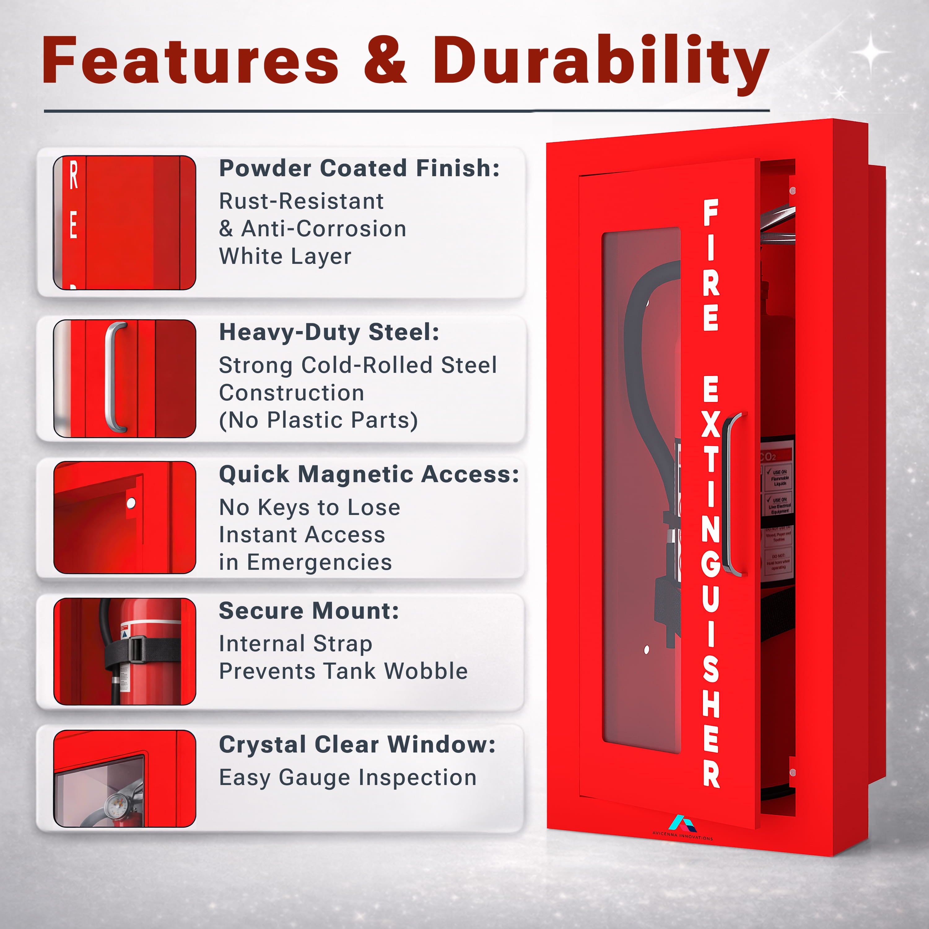 Avicenna Innovations Semi-Recessed Fire Extinguisher Cabinet Red with Quick-Access Magnetic Door