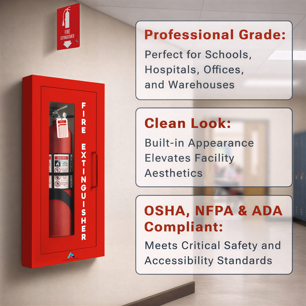 Avicenna Innovations Product: Avicenna Innovations Semi-Recessed Fire Extinguisher Cabinet Red with Quick-Access Magnetic Door
