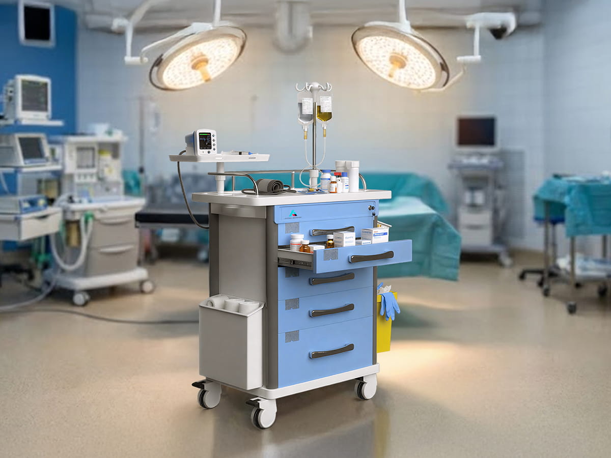 Avicenna Innovations Product: Avicenna Innovations Medical Crash Cart with 5 Locking Drawers, IV Pole, CPR Board, Defib Shelf &amp; Power Strip