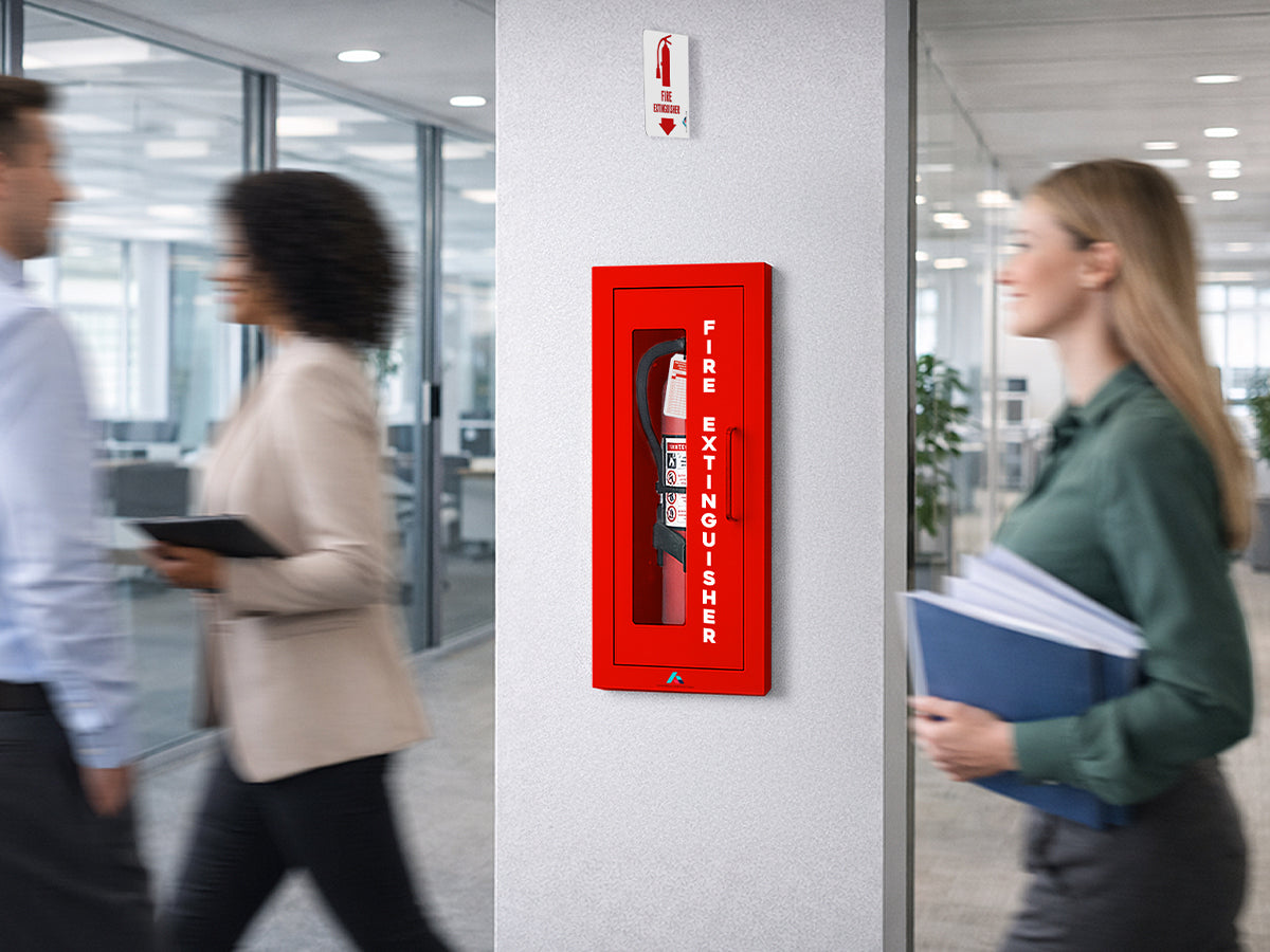 Avicenna Innovations Product: Avicenna Innovations Semi-Recessed Fire Extinguisher Cabinet Red with Quick-Access Magnetic Door