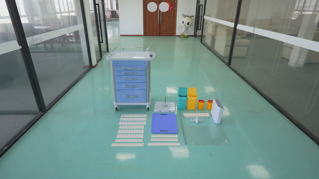 Avicenna Innovations Product: Avicenna Innovations Medical Crash Cart with 5 Locking Drawers, IV Pole, CPR Board, Defib Shelf &amp; Power Strip